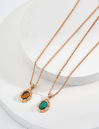 S925 Sterling Silver Natural Gemstone Pendant Necklace | Vintage Gold Bezel Set Malachite & Tiger's Eye Adjustable Necklace