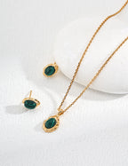 S925 Sterling Silver Natural Malachite Oval Stud Earrings | Vintage Gold Bezel Set Gemstone Earrings