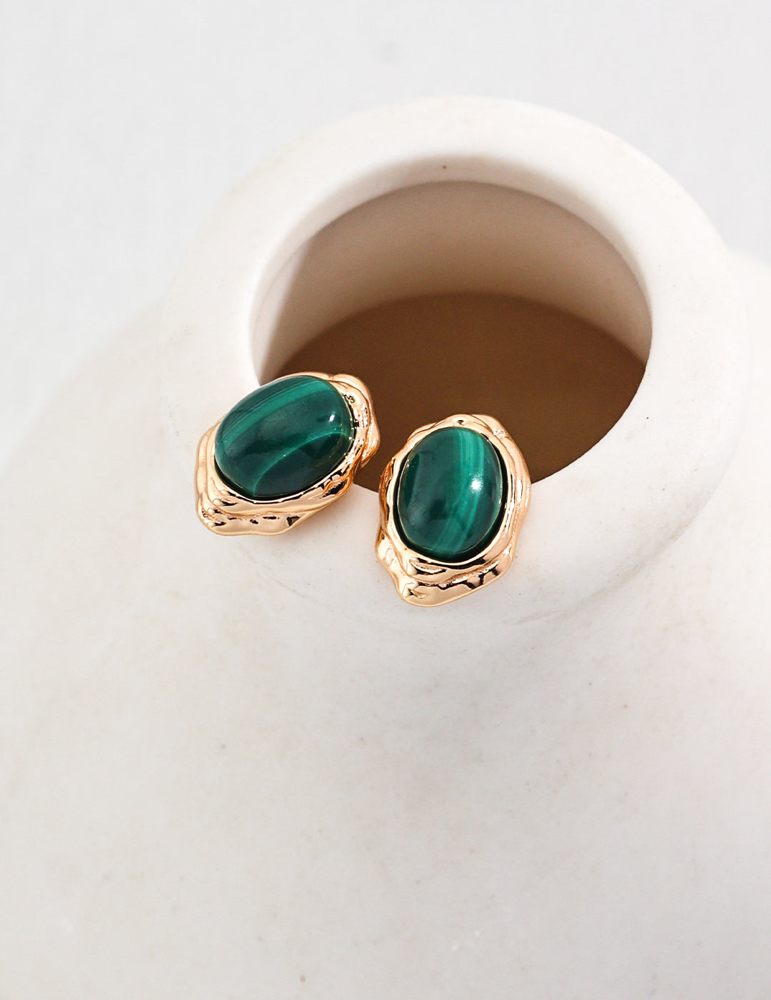 S925 Sterling Silver Natural Malachite Oval Stud Earrings | Vintage Gold Bezel Set Gemstone Earrings