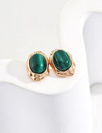 S925 Sterling Silver Natural Malachite Oval Stud Earrings | Vintage Gold Bezel Set Gemstone Earrings