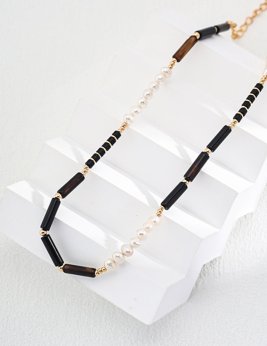 S925 Sterling Silver Black Onyx & Freshwater Pearl Beaded Necklace | Adjustable Mixed Gemstone Choker