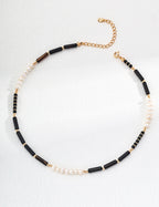 S925 Sterling Silver Black Onyx & Freshwater Pearl Beaded Necklace | Adjustable Mixed Gemstone Choker