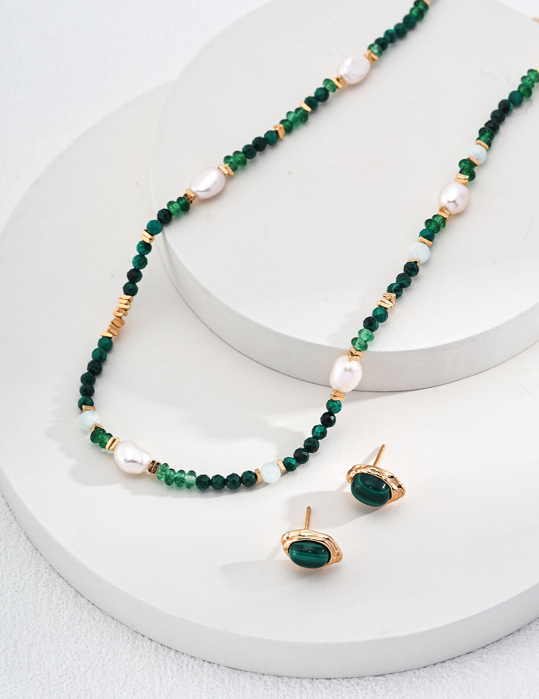 Vintage Malachite & Freshwater Pearl Beaded Choker Necklace | 925 Sterling Silver Adjustable Chain
