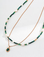 Vintage Malachite & Freshwater Pearl Beaded Choker Necklace | 925 Sterling Silver Adjustable Chain